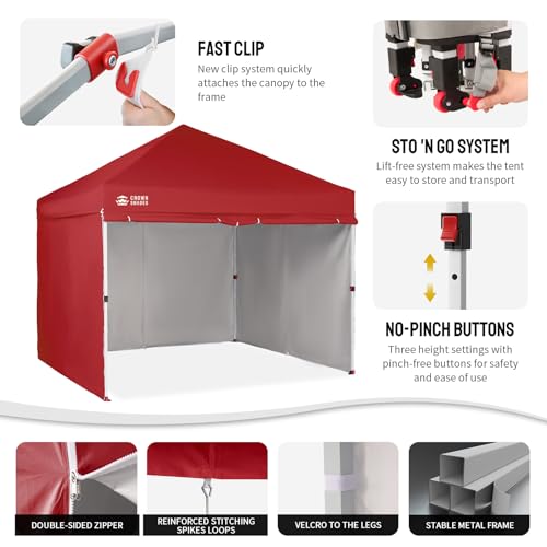 CROWN SHADES 10X10 Commercial Instant Canopy Pop Up Tent with Center Lock, 300D Fabric, 4 Sidewalls, Sto'N Go Bag, Red - color: Red, size: 10x10 Classic