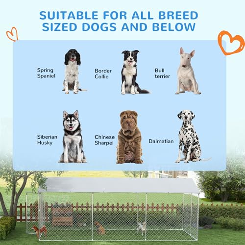 PawHut Outdoor Dog Kennel, Heavy Duty Dog Run Outdoor Fence with Waterproof Cover, Galvanized Chain Link, Secure Lock, for Large Breeds, Chickens, Ducks, 20' x 7.5' x 6.5' - size: 236.2"L x 90.6"W x 78.7"H