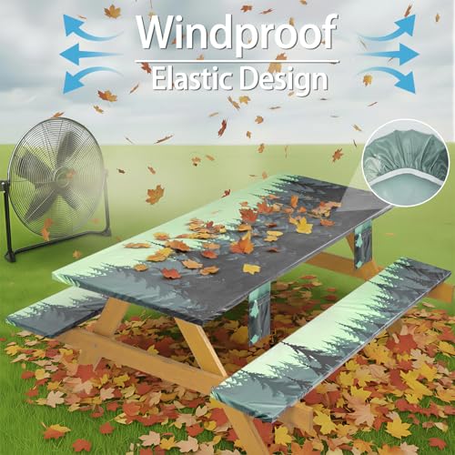 Fitted Waterproof Picnic Table Cover with Bench Covers Elastic Edges Camping Tablecloth for 8 Foot Rectangle Tables Camp Cooking Motorhome Hiking Equipment Car Rv Travel Trailer Needs Gifts - color: Green Jungle, size: 96" x 30" (Rectangular)