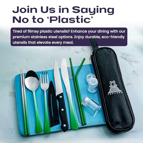 Taplord Portable Travel Silverware Set With Case - Includes 10 Pcs of Utensils, Stainless Steel Flatware For Camping, Easy to Travel, Lightweight (Green Two Tune) - color: Gradient Green, size: 10 Pieces