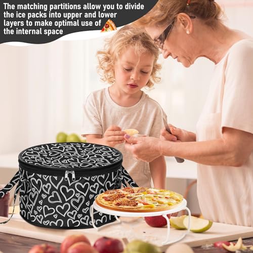 Pickmesh Round Pie Carrier 12 x 7 Inch Insulated Casserole Carriers with Lid and Detachable Handle for Hot or Cold Food Cake Transport Thanksgiving Christmas Gift(Black Champagne Heart) - color: Black Champagne Heart