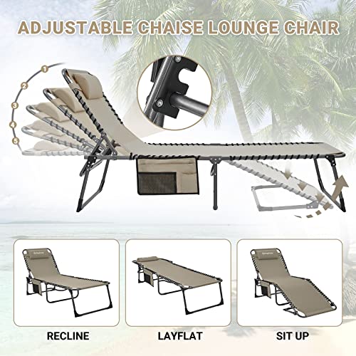 KingCamp Lounge Chair Outdoor, Folding Portable Tanning Chairs Comfy Adjustable 5-Position Lay Flat Foldable Chaise Chaser Lounger with Pillow for Outside Beach Patio Sun Bathing Pool, Beige - color: A*trifold Origins——beige, style: oversized