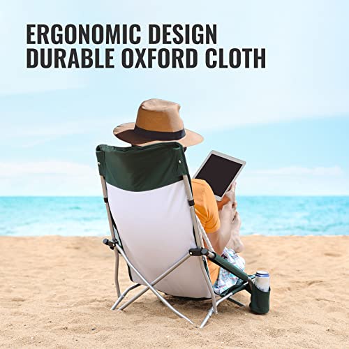 VILLEY Low Beach Chair, High Back Folding Adult Chair, Lightweight & Portable for Outdoor, Beach, Camping, Lawn, Music Festival, with Cup Holder & Carry Bag - Vintage Green Leaves - color: Vintage Green Leaves