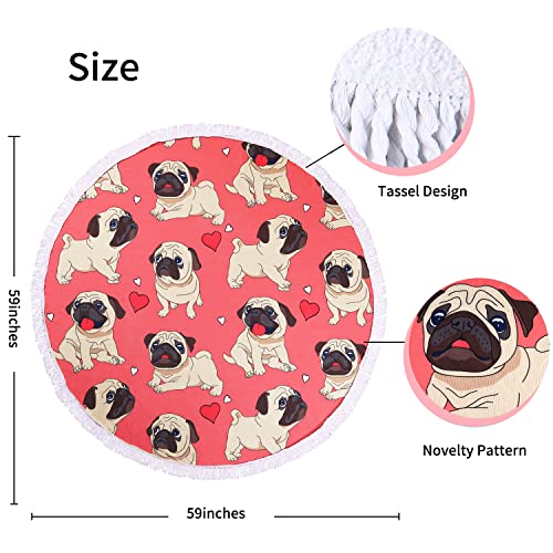 Benefeet Sox Beach Towel Large Round Mandala Pool Towels Tassels Microfiber Quick Dry Beach Blanket Throw Bohemian Roundie Swim Pool Circle Towel, 59 Inches - color: Heart Pug Dog, Pink