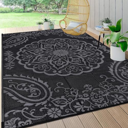 Pauwer Waterproof Outdoor Rug 6x9, Reversible Plastic Straw Patio Camping Rug, Indoor Outdoor RV Mat Carpet for Deck, Camper, Porch, Balcony, Backyard, Picnic, Boho Black Grey - color: Boho Black Grey, size: 6' x 9' (Rectangular)