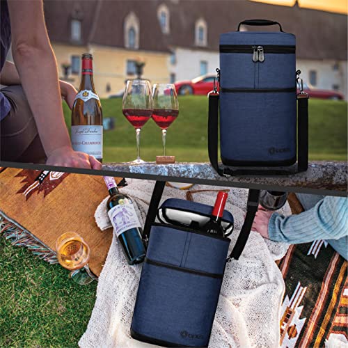opux 2 Bottle Wine Carrier Tote, Insulated Leakproof Wine Cooler Bag, Wine Travel Bag for Picnic BYOB Beach, Portable Wine Bottle Carrying Case, Gift for Wine Lover Women Men Christmas, Navy - color: Heather Navy