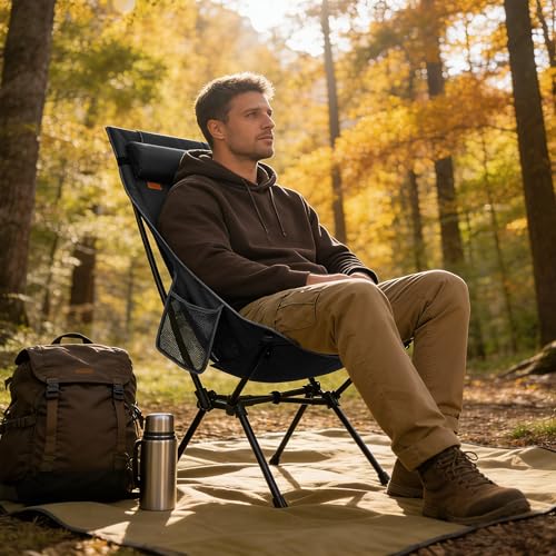 TOBTOS Portable High Back Camping Chair, Support 440 lbs, Ultralight Folding Chair with Head Support, Compact Backpacking Chair for Outdoor Camp Backpacking Fishing (Black) - color: Black-highback
