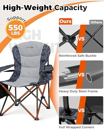 KingCamp Oversized Camping Chair with Adjustable Lumbar Support, 550lbs Heavy Duty Padded Folding Lawn Chair for Adults, Outdoor Armchair with Cooler Bag, Cup Holder & Side Pocket for Fishing, Travel - color: 1 Pack-grey/Lightgrey
