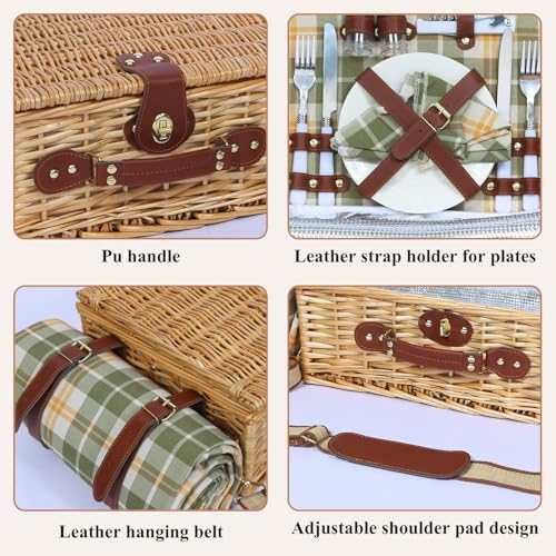 Picnic Basket for 2 with Blanket, Willow Picnic Basket Set with Shoulder Strap&Wine Pouch, Large Willow Hamper with Insulated Cooler for Outdoor, Camping, Beach, Couples, Wedding Gift - color: Green and Yellow Grid