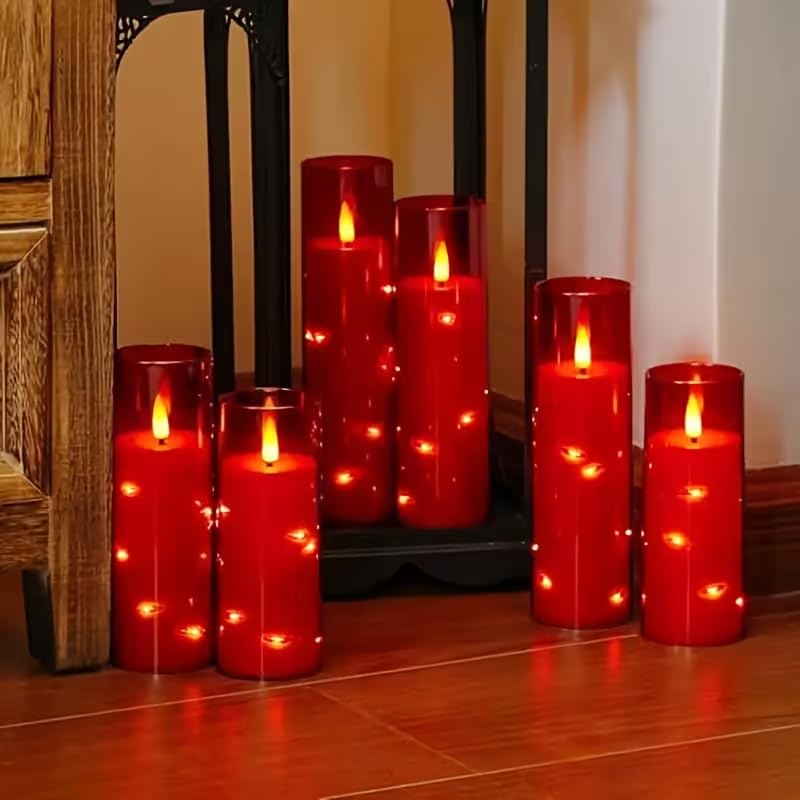 Enido 10 Pc Flameless LED Candles with Remote & Timer, Battery Operated Acrylic Pillar Set, Flickering Electric Lights with Embedded Star String for Cozy Home & Holiday Romantic Decor (Matte Red) - color: Red