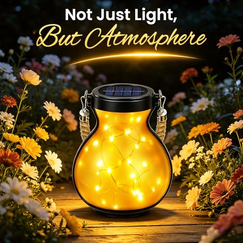 2 Pack Solar Lights Outdoor Waterproof, Round Solar Garden Lights with Hemp Rope Handle, Warm White Starburst Effect LED String Lights for Patio Lawn Decor, Gardening Gifts for Mom Women