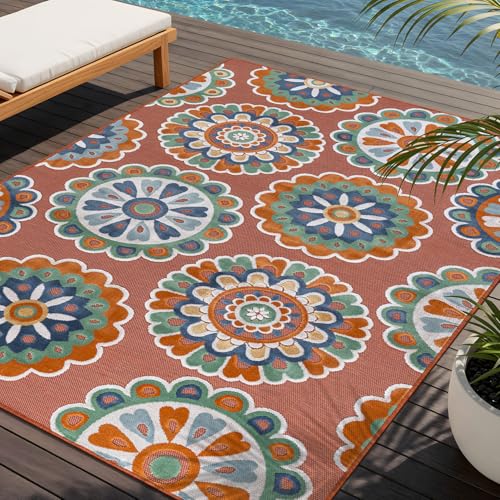 Outdoor Rug 10x14 Washable Area Rugs Indoor Outdoor Carpets Orange Bohemian Medallion Non Shedding Waterproof Easy Clean Patio Deck Porch Living Room Bedroom Garden RV (10 X 14 Orange) - color: 2-orange, size: 10' x 14' (Rectangular)