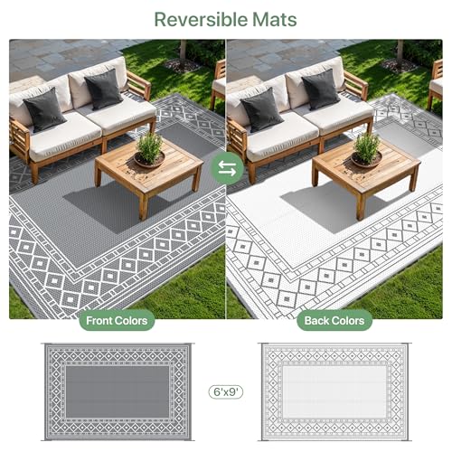 GENIMO Outdoor Rug Waterproof for Patio Decor, 6'x9' Reversible Plastic Straw Area Carpet, Camping Outside Mat for Outdoor, RV, Deck, Camper, Balcony, Picnic, Grey & White - color: Grey & White | Natural, size: 6' x 9' (Rectangular)