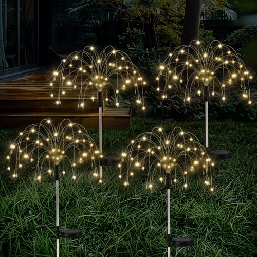 Lewondr Firework Solar Garden Lights 4 Pack, 120 LED Solar Firework Lights with 8 Lighting Modes, Waterproof Sparkler Starburst Solar Lights Outdoor for Yard Porch Patio Backyard, Warm - size: 4 Pack, style: Firework Warm White Light