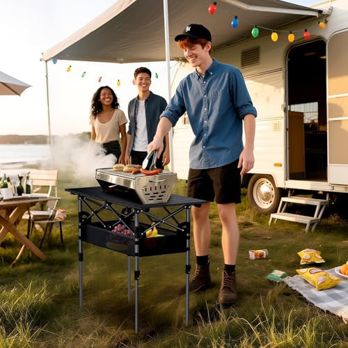 Anbte 3ft Aluminum Roll Top Camping Table Max 27.5", 2 Adjustable Height Folding Camping Table Waterproof with Storage Net and Bag for BBQ Picnic Tailgating Backyard RV Travel, 32.2” x 16”, Pure Black - color: Pure Black, size: 32"L x 16"W x 27.5"H (2 hei