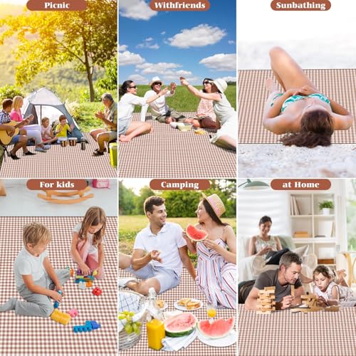 Picnic Blanket Waterproof Beach Rug 80''x118'' Picnic Mat Washable Lightweight with Handle Coffee Checkered for Hiking Travelling Outdoor Camping,Parks - color: Coffee, size: 6'7" x 9'10" (Rectangular)