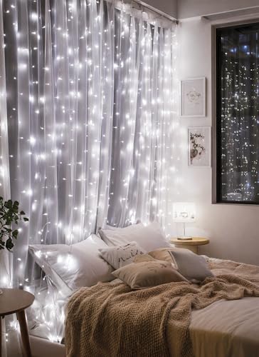 Brightown 300 LED Fairy Curtain Lights, 9.8ft x 9.8ft String Lights, USB Plug in 8 Lighting Modes Christmas String Hanging Lights with Remote for Bedroom Indoor Outdoor Party Xmas White 1 Pack - color: White, size: 1 Pack-300 LED