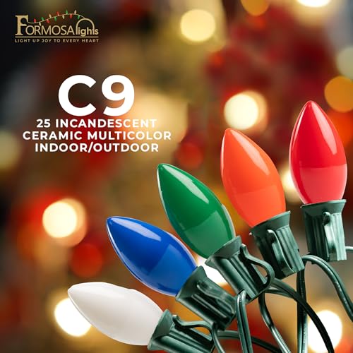 C9 26ft Indoor/Outdoor Ceramic Multicolor Incandescent Christmas String Lights with 25 Bulbs and E17 Base | 120V, 7W - style: Ceramic Multicolor Incandescent