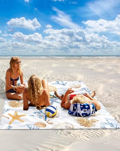 Beach Blanket Sandproof Oversized 118" x 108" Summer Ocean Shell Starfish Waterproof Quick Drying Sand Free Mat Blue Coral Picnic Blankets for Outdoor Travel Camping Hiking Park - color: Blue Yellow, size: 118''x108''