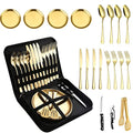 Picnic Dishes Utensils Gold Camping Flatware Set for 4 Portable Dinnerware Plates Silverware Forks Spoons knives Bottle Opener Food Tongs Complete Kit with Zipper Bag - size: 20, style: Gold Camping Flatware