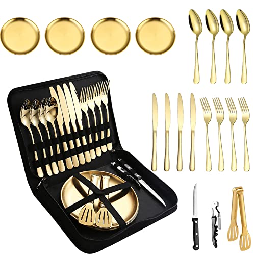 Picnic Dishes Utensils Gold Camping Flatware Set for 4 Portable Dinnerware Plates Silverware Forks Spoons knives Bottle Opener Food Tongs Complete Kit with Zipper Bag - size: 20, style: Gold Camping Flatware