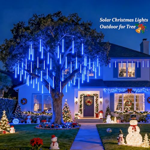 JMEXSUSS Solar Christmas Lights Outdoor, 8 Tube 144 LEDs Solar Meteor Shower Lights Outdoor, Hanging Blue Christmas Light for Tree Icicle Garden Yard Patio Gazebo Party Xmas Decor - color: Blue, size: 1*144LED