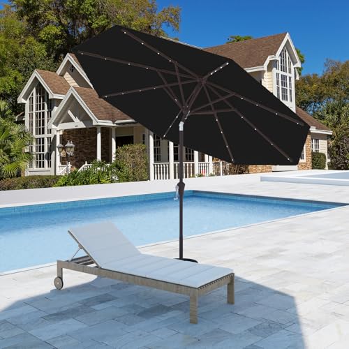 9FT Patio Umbrella with Solar Lights,Outdoor Market Umbrella with Tilt and Crank, LED Lighted Table Umbrella for Garden,Deck,Backyard,Pool,Beach (Black) - color: Black