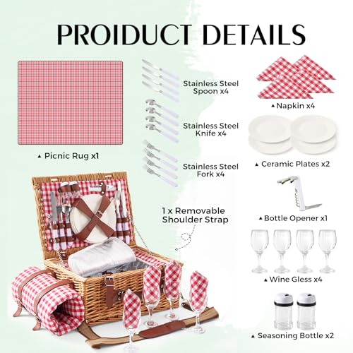Willow Picnic Basket Set for 4 with Large Insulated Bag and Waterproof Picnic Blanket，Utensils, Glasses, Wicker Picnic Hamper for Camping,Outdoor,Birthday, Valentine, Red - color: Red With Blanket, size: For 4 Persons