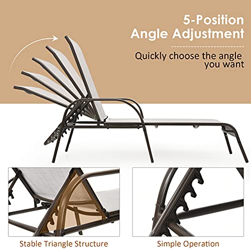 Tangkula Lounge Chair Outdoor, Patio Chaise Lounge with Adjustable Backrest, Reclining Pool Lounge Chair for Outside with Heavy Duty Steel Frame, Suitable for Beach, Yard, Balcony, Poolside - color: Light Grey