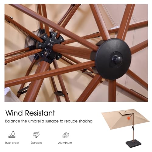 PURPLE LEAF 9' X 12' Double Top Deluxe Wood Pattern Rectangle Patio Umbrella with Base Offset Hanging Umbrella Outdoor Market Umbrella Garden Umbrella, Beige - color: Beige, size: 9'X12', style: Base Included