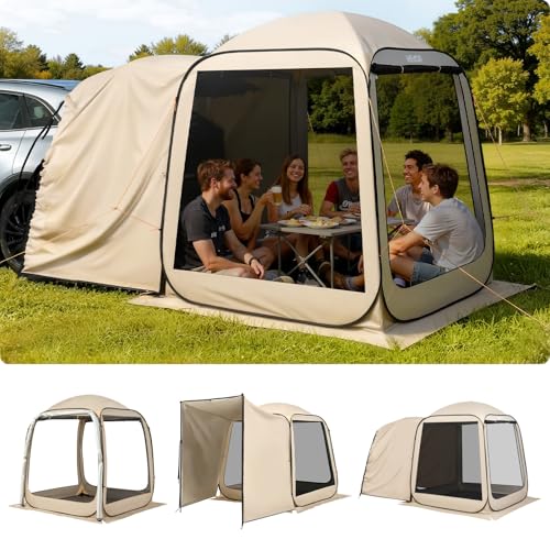 VEVOR SUV Tailgate Tent, 6 x 6 ft Pop-Up Screen House Canopy for 4–6 Person, Portable Screened Shelter with Carry Bag, for Car Camping, Backyard, Patio, Outdoor Activities - color: Beige 3, size: 6×6×7.2 Ft