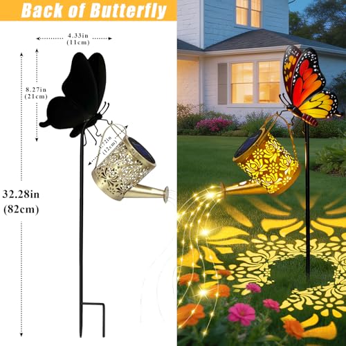 Solar Lights Garden Decor, Waterproof Solar Watering Can with Butterfly Garden Stakes, Outdoor Light with Cascading Lights for Outside Patio Porch, Birthday Gift for Women 2 Pack - color: Butterfly 2 Pack