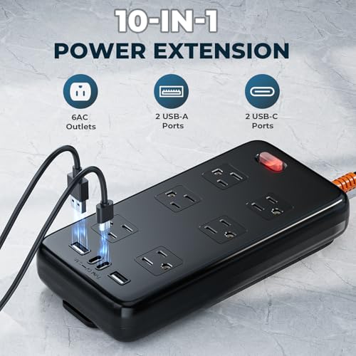 Outdoor Power Strip Weatherproof, IPX6 Waterproof Surge Protector with 6 Wide Outlets and 2USB A&2USB C, 1625W/13A, 6FT Extension Cord, Wall Mountable for Indoor Outdoor, UL FCC Listed - size: 6FT, style: 6AC+4USB