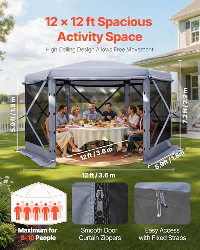 VEVOR Pop up Gazebo Screen Tent, 12 x 12 ft Large 6-Sided Camping Canopy Tent with Removable Top & Carry Bag, Quick-Set & Bite-Proof, Screen House Sun Shelter for 8-10 Persons Backyard Patio, Grey - color: Gray, size: 12 x 12ft