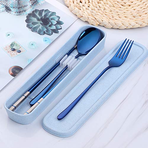 3 PCS Stainless Steel Travel Camping Flatware Set Fork Spoon Chopsticks with Portable Case, Blue - color: Blue