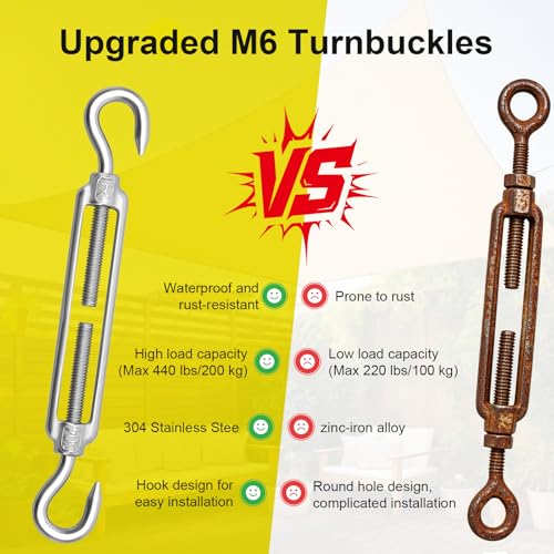 6Pcs M6 Hook & Hook Turnbuckle, 304 Stainless Steel Shade Sail Hardware Kit, Heavy Duty Wire Rope Tensioner, Bright Finish, Antirust, for Sun Shade Sail & Cable Railing - color: Silver, size: M6-6PCS