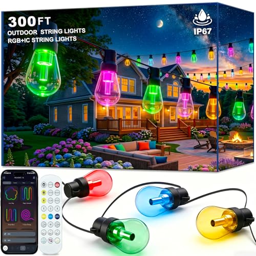 AHRLHR 300FT RGB+IC Outdoor String Lights,Outside Light Dimmable Shatterproof LED Bulbs,Balcony, Outdoor Living， IP67 Waterproof Chasing Effect Lighting DreamColor Patio Strip Lights for Backyard - size: 300FT