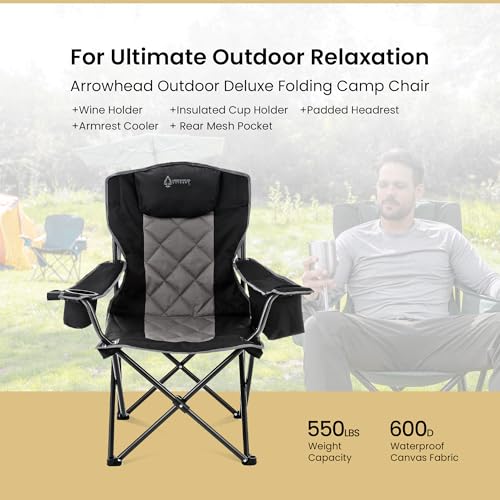 ARROWHEAD OUTDOOR Portable Deluxe Folding Camp Quad Chair w/Headrest, Glass & Cup Holders, Armest 6-can Cooler, Heavy Duty Carry Bag, 550 lbs Weight Capacity
