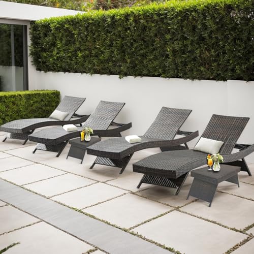 Outdoor Patio 4 Adjustable Backrest Chaise Lounger and 2 Side End Tables, 6 Piece Lounge Chair Patio Pool Outside Rattan Reclining Lounge Chairs with Coffee Table - color: 4 Chairs + 2 Tables