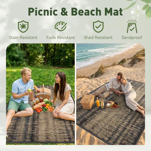 MontVoo Outdoor Rug Waterproof 5x8 ft Outdoor Carpet Patio Rug Mat Reversible RV Camping Rug Plastic Straw Outside Rug for Balcony Porch Deck Picnic Beach Modern Black Brown - color: Brown, size: 5' X 8' (Rectangular)