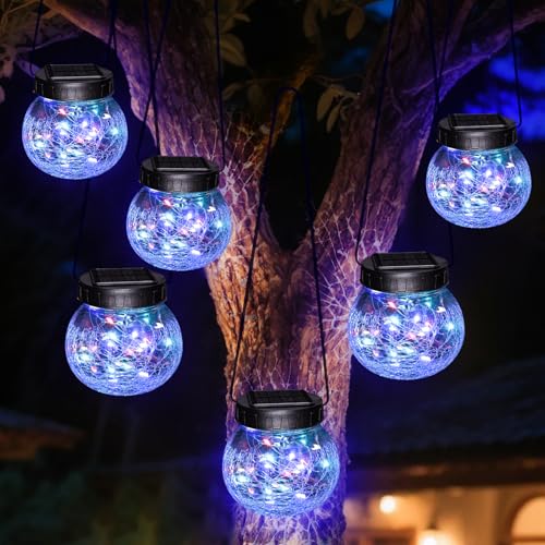kolpop 6 Pack Solar Lantern Outdoor Lights, Multi-Coloured Solars Lanterns with 30 LED, Crackle Glass Ball Waterproof Hanging Solar Lights for Garden Decor Patio Fence Yard Christmas Tree Decoration - color: Multicolor, size: 6 Pack