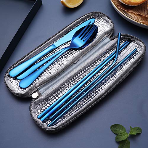 Portable Stainless Steel Flatware Set, Travel Camping Cutlery Set, Portable Utensil Travel Silverware Dinnerware Set with a Waterproof Case (Blue) - color: Blue