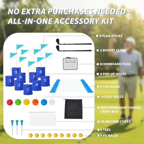Bucket Yard Golf Game with Clubs 9 Hole Set Portable Low Tide Golf Game for Beach Backyard Lawn with 2 Golf Outdoor Indoor Golf Chipping Games for Adults Family Club Party (Blue, 9 Bucket) - color: Blue, size: 9 Bucket
