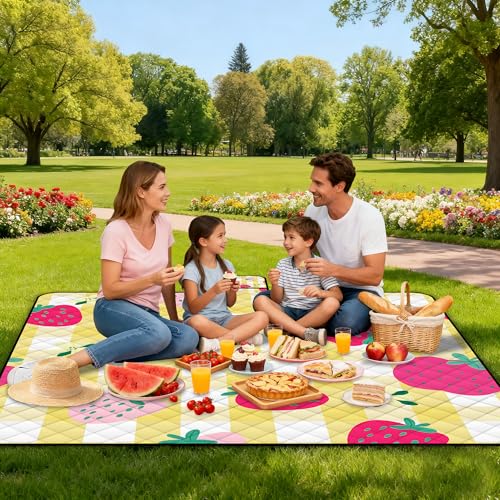 Extra Large Picnic Blanket Waterproof,80"x 80"Foldable Machine Washable Beach Blanket,Outdoor Blanket for 6-8 Adults,Picnic Mat Suitable for Indoor Crawling,Park Beach,Camping,Hiking,Travel（Yellow） - color: Yellow Strawberry, size: 6'8" x 6'8" (Square)