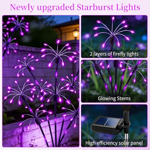 Solar Garden Lights Outdoor, 4 Pack 2-Layer Purple Solar Firework Lights, Waterproof Starburst Fairy Light Garden Decor for Yard Patio Pathway Lawn, Unique Gifts for Women Mom Grandma Mother's Day - color: Purple
