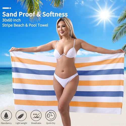 Beach Towel Set-4 Pack 30"x60" Sand Free Stripe Beach Towel for Pool,Bathroom,Soft Absorbent Quick Dry Lightweight Beach Bath Towel,Camping Blanket,Travel Towel,Beach Essentials for Adults,Orange/Blue - color: Orange/Blue