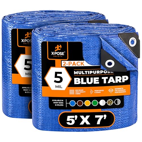 Better Blue Poly Tarp 5' x 7' (2-Pack) - Multipurpose Protective Cover - Lightweight, Durable, Waterproof, Weather Proof - 5 Mil Thick Polyethylene - by Xpose Safety - color: Blue, size: 5 Feet X 7 Feet (2pk)