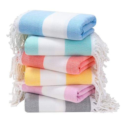 Genovega 6 Packs Oversized Stripe Turkish Beach Towel 74"x38" Thin Quick Dry Sand Free Pool Swim Towels Large XL Clearance Blanket Adult Travel Vacation Accessories Essentials Mulite Stripe - color: Lightblue Lightgreen Pink Purple Orange Yellow