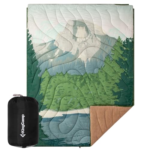 KingCamp Large Camping Blanket with Sherpa Lining, Packable Down Alternative Puffy Printed Wearable Blanket with Snap Buttons, Warm Weatherproof Quilt for Outdoor Travel (79" L x 57" W, Green) - color: Sherpa-green, size: 79" x 57"- Sherpa Fleece