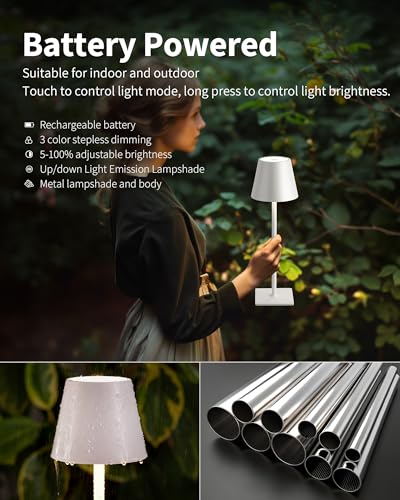 KDG 2 Pack Cordless Table Lamp, Portable LED Desk Lamp, 5000mAh Battery Operated, 3 Color Stepless Dimming Up, for Restaurant/Bedroom/Bars/Outdoor Party/Camping/Coffee Shop Night Light(White) - color: White-2
